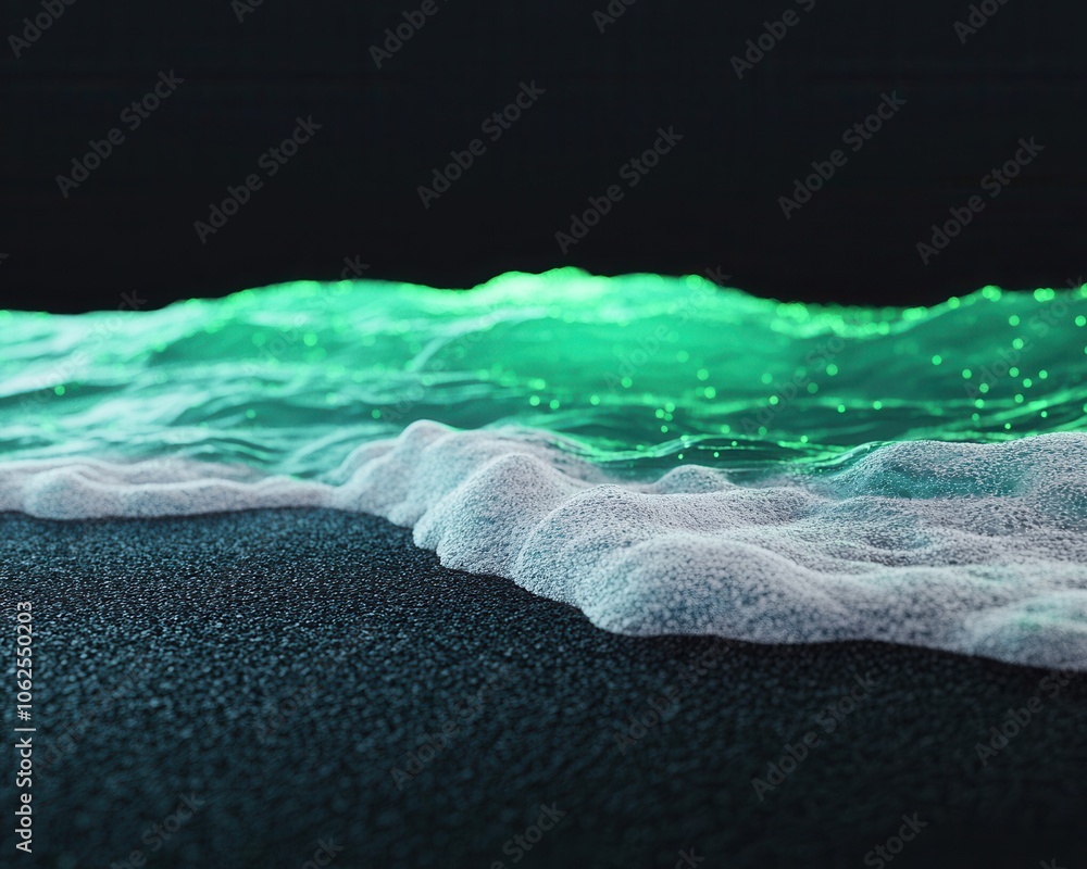 Poster an abstract representation of waves with glowing turquoise highlights and foam against a dark backgr