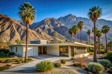 Wide angle view of a mid century house nestled below mountains and palm trees
