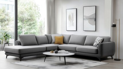 Fototapeta premium A living room with a grey couch and a coffee table