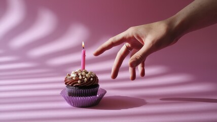 Hand Hovering Over Cupcake with Pink Candle in Soft Light