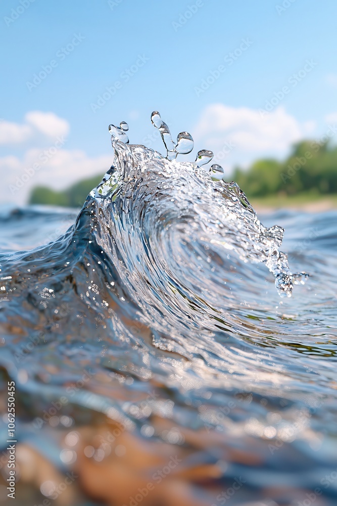 Poster a close-up of sparkling blue water droplets from a small wave crashing, creating a playful and refre