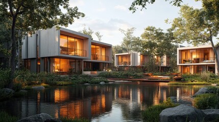 Obraz premium A modern apartment complex stands amidst a verdant oasis, embodying the harmonious coexistence of nature and urban living. Its eco-friendly design prioritizes energy efficiency