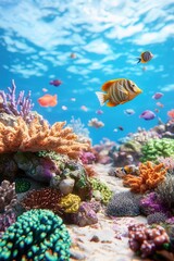 Vibrant underwater scene with colorful coral reefs and diverse tropical fish swimming gracefully in clear blue water.