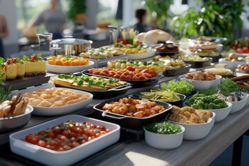 Fototapeta premium A vibrant buffet spread featuring a variety of fresh vegetables, seafood, and delectable desserts in a bright setting.