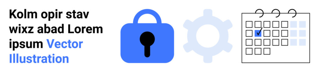 Lock icon, gear symbol, and calendar with check mark representing themes of security, settings, and scheduling. Ideal for cybersecurity, IT management, organization, productivity, planning
