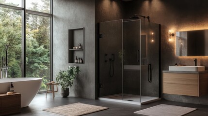 A bathroom with a large window and a bathtub