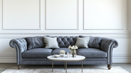 The couch is surrounded by pillows and a vase of flowers