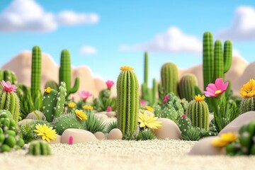 Vibrant desert scene featuring lush cacti and colorful flowers under a bright blue sky.