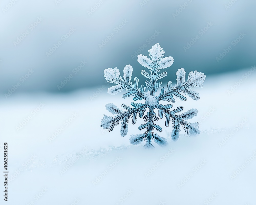 Poster close-up of a delicate snowflake on a snowy surface, showcasing intricate patterns and a serene, win