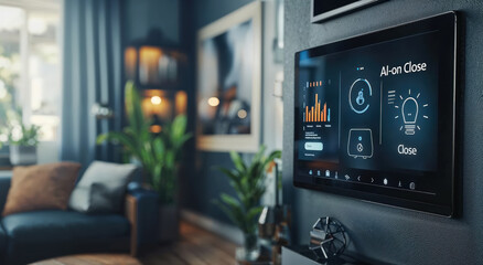 Wall-mounted smart home control panel displaying various functions and analytics in a stylish, modern living room.