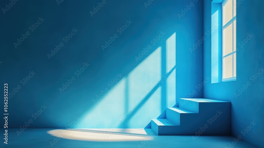 Poster 3d abstract blue background of an empty corner of the room with falling light from the window on the