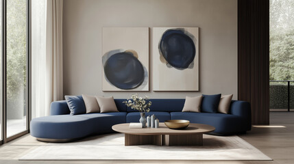 Minimalist interior design of modern living room with blue curved sofa and abstract art
