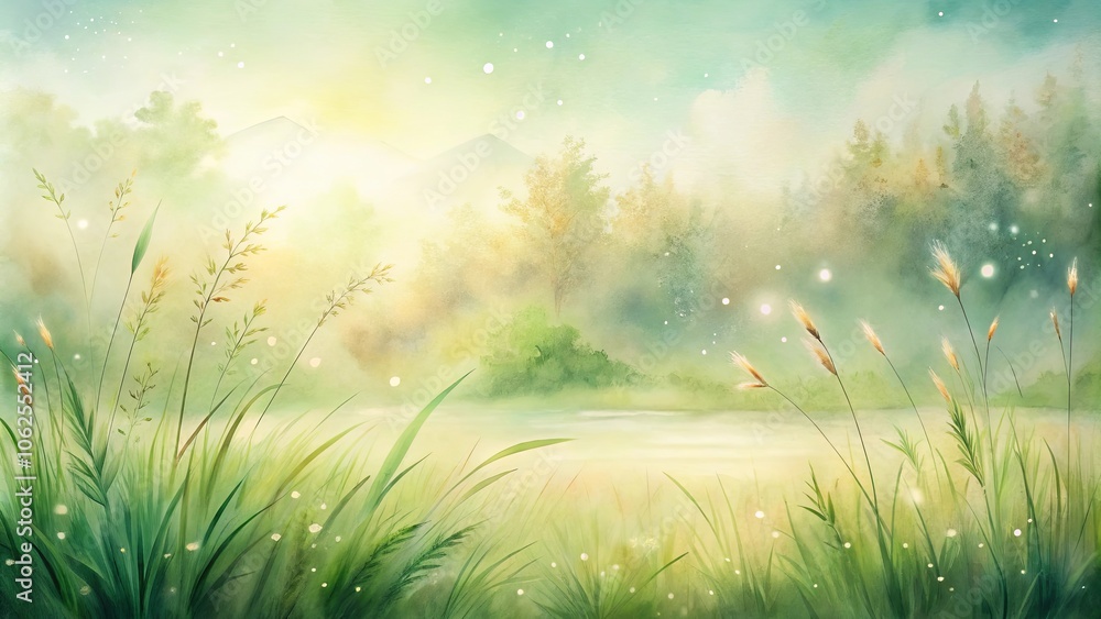 Wall mural serene meadow with whispering grass and a distant forest in the soft glow of dawn