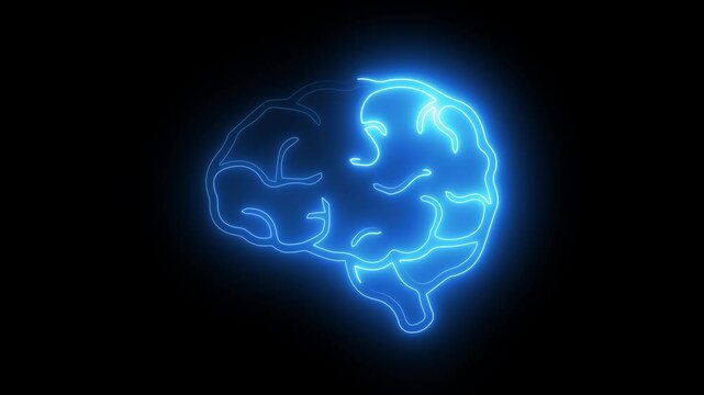 glowing neon human brain icon animation on black background. human brain with neon light running,  Technology background.
