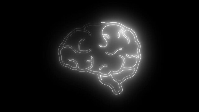 glowing neon human brain icon animation on black background. human brain with neon light running,  Technology background.