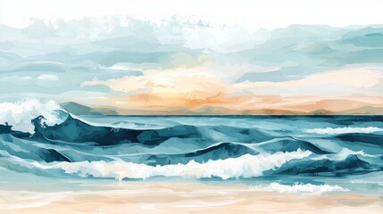 Fototapeta premium Abstract Painting of a Beach and Ocean with Sunset