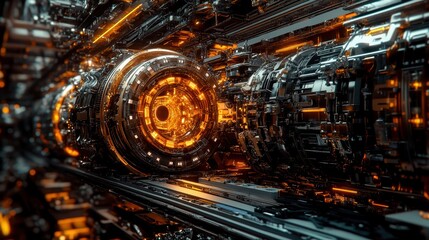 Fototapeta premium Futuristic machinery with glowing elements in a detailed, digital environment.