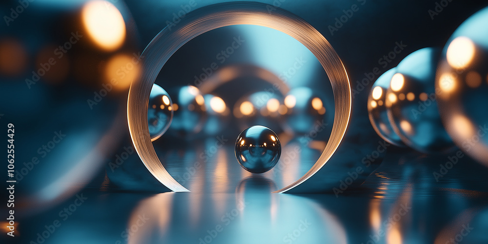 Poster Metallic sphere entering a portal with other spheres in background reflecting light