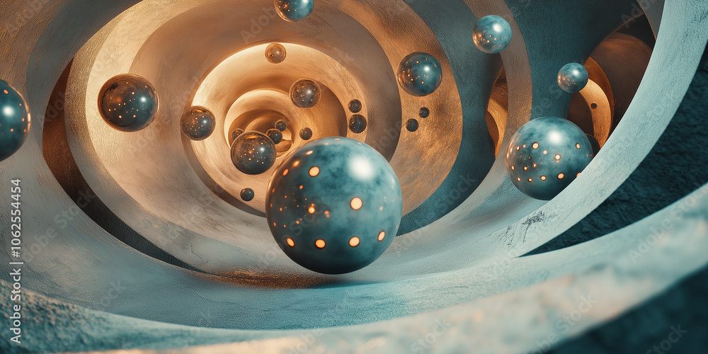 Poster Glowing spheres floating through abstract concrete tunnel structure