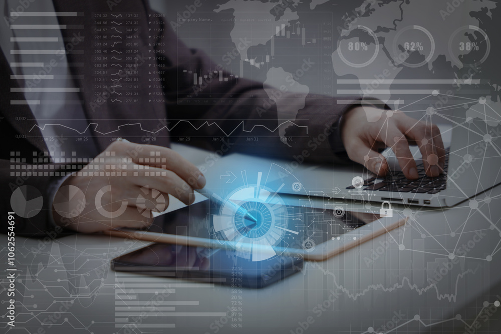 Poster technology and business. man working on devices at table and graphs with schemes, double exposure