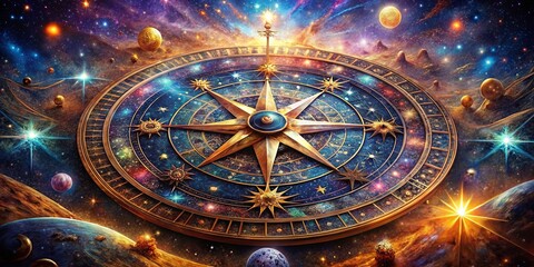 Obraz premium A celestial compass, adorned with intricate details, guides through a vast cosmic expanse, where planets and stars shimmer in a symphony of color.