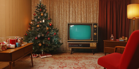 Vintage television showing static screen in cozy christmas living room