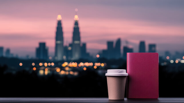 coffee cup and notebook against city skyline at dusk