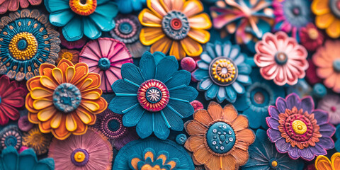Colorful artificial flowers creating vibrant floral background