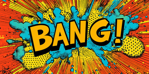 Bang explosion comic book cartoon sound effect with colorful splashes