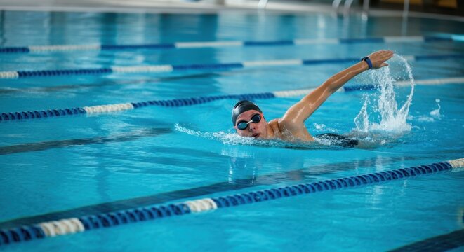 Young man swims freestyle in indoor pool