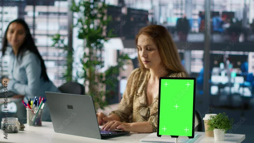 Poster female ceo engaging in project management using green screen to set goals and objectives, solve prob