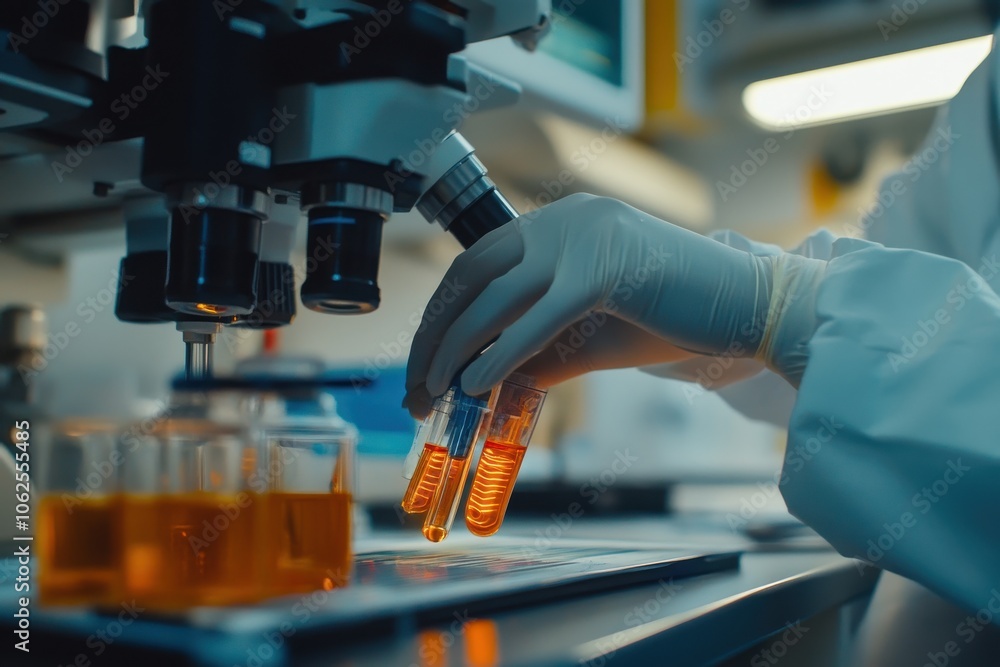 Aufkleber laboratory experiment with test tubes and microscope