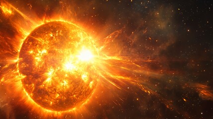 A large, fiery star explodes in a dramatic burst of light and energy against a dark background.