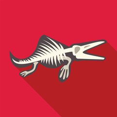 Extinct synapsid dimetrodon skeleton showing bones and spine, facing right on red background with long shadow