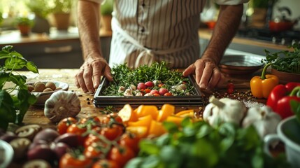 A man preparing vegetables in a kitchen, placing a tray of ingredients on a wooden table with a variety of other vegetables, herbs, and spices.