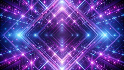Obraz premium Intersecting Neon Lines and Bright Glowing Stars Form a Geometric Pattern in a Dark Cosmic Background