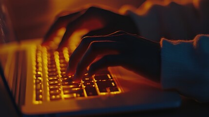 Close-up of hands typing on laptop keyboard in low-light