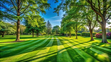 Obraz premium A Serene Meadow, Embraced by Lush Greenery, Where Sunlight Plays on Striated Grass