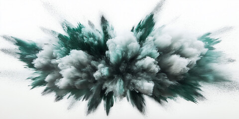 Green and white powder exploding on white background