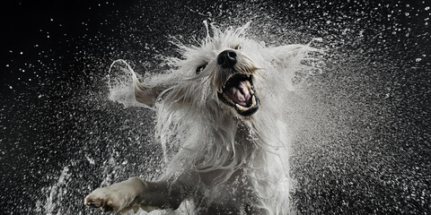 Wet shaggy dog shaking water off on black background