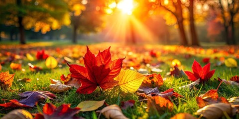 Autumnal Glow Sunbeams Filtering Through a Canopy of Trees, Casting a Golden Light on Crimson and Amber Leaves Scattered Across a Lush Green Meadow