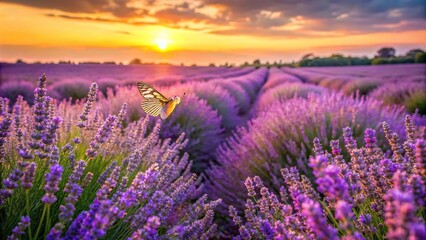 Fototapeta premium wide lavender field and butterfly in summer sunset panorama background