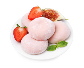 Delicious mochi, strawberries, fig and mint isolated on white