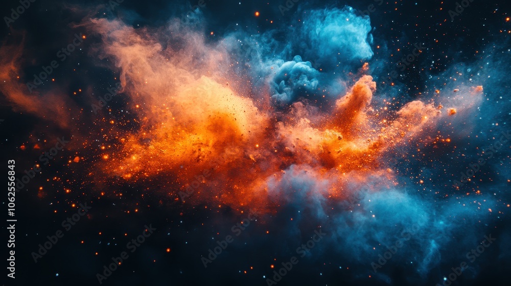 Poster vibrant explosion of colors in shades of orange and blue on a dark background, creating a dynamic vi
