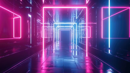 Neon Lights Illuminate a Dark Futuristic Hallway
