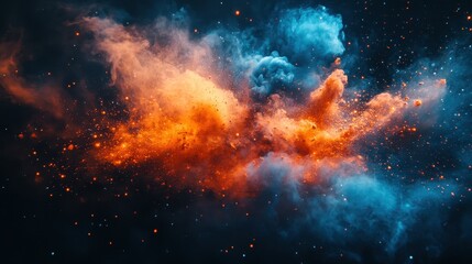 Fototapeta premium Vibrant explosion of colors in shades of orange and blue on a dark background, creating a dynamic visual effect.