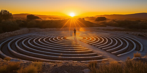 Tourist enjoying sunset at the tip of the horn labyrinth in biokovo nature park, croatia