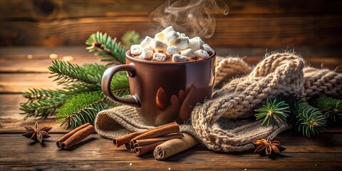 A steaming mug of hot chocolate with marshmallows, nestled among cinnamon sticks, star anise, and evergreen branches, evokes the cozy warmth of winter.