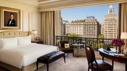 Elegant Hotel Room with City View and Artwork