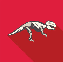 Side view of complete dinosaur skeleton walking on red background, paleontology and prehistoric life concept
